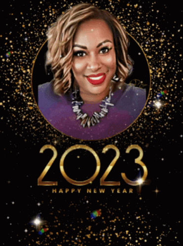 A Happy New Year Greeting Card With A Woman 'S Face And The Year 2023 GIF