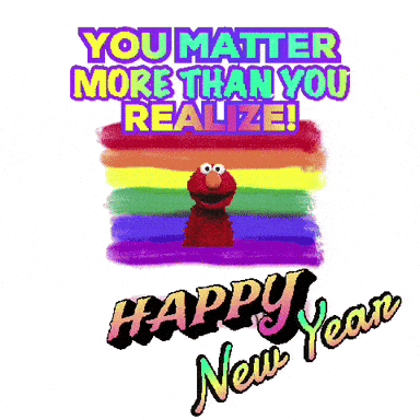 A Happy New Year Greeting Card With Elmo And A Rainbow Background GIF