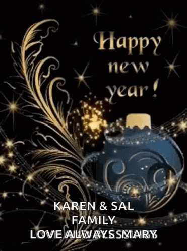 A Happy New Year Greeting Card With Fireworks And A Feather GIF