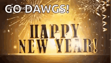 A Happy New Year Greeting Card With Fireworks And Confetti GIF