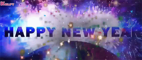 A Happy New Year Greeting Card With Fireworks And Confetti Falling GIF