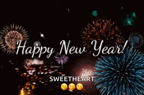 New Year Greeting Card With Fireworks And Smiley Faces GIF