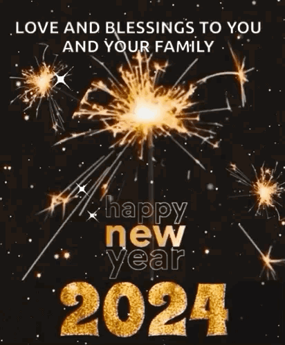 A Happy New Year Greeting Card With Fireworks And The Words `` Love And Blessings To You And Your Family '' GIF