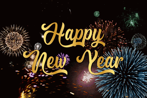 A Happy New Year Greeting Card With Fireworks Behind It GIF