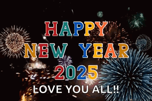 A Happy New Year Greeting Card With Fireworks Behind It GIF