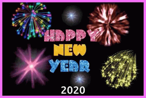 A Happy New Year Greeting Card With Fireworks Exploding In The Background . GIF