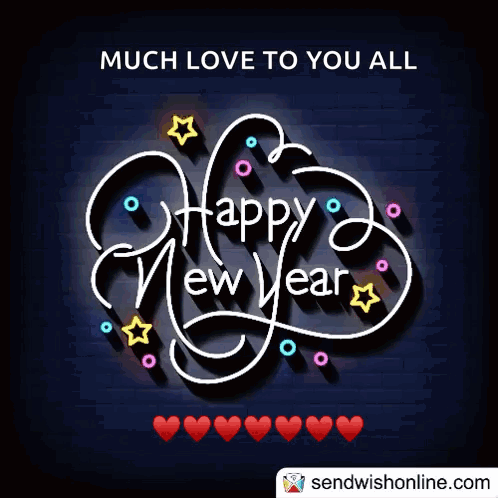 A Happy New Year Greeting Card With Hearts And Stars GIF