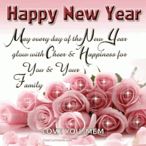 A Happy New Year Greeting Card With Pink Roses And Petals GIF
