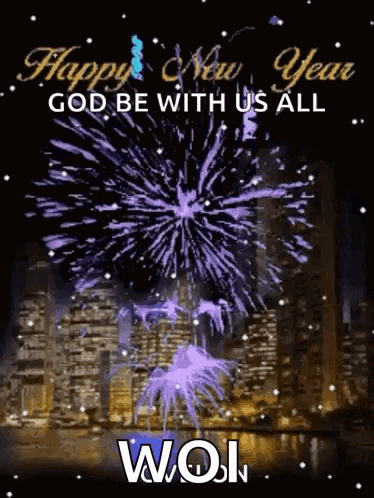 A Happy New Year Greeting Card With Purple Fireworks GIF