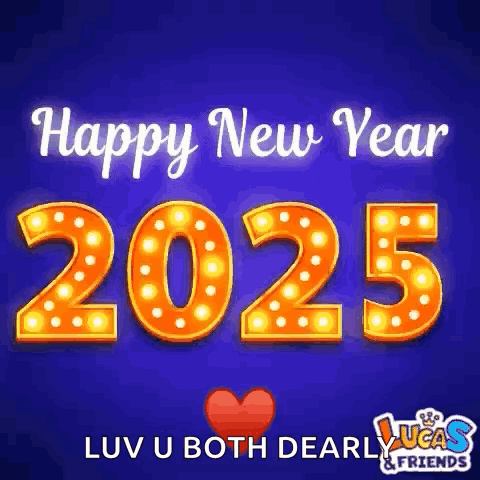 A Happy New Year Greeting Card With The Numbers 2025 On A Blue Background GIF