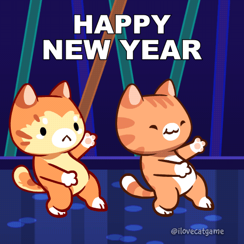 A Happy New Year Greeting Card With Two Cats GIF
