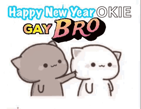 A Happy New Year Greeting Card With Two Cats Standing Next To Each Other On A White Background . GIF