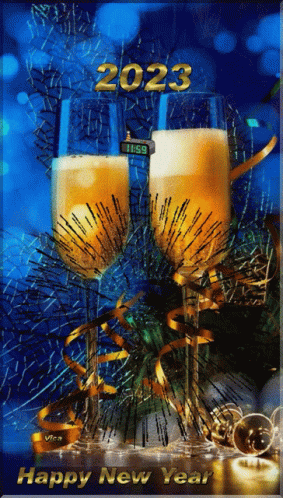 Happy New Year Card With Champagne And Fireworks GIF