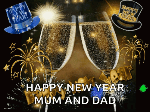 A Happy New Year Greeting Card With Two Glasses Of Champagne And Fireworks GIF