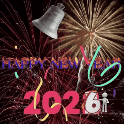 A Happy New Year Greeting With A Bell And Fireworks GIF