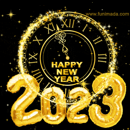 Happy New Year Greeting With Clock And Balloons GIF