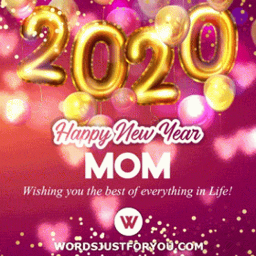 A Happy New Year Mom Greeting Card With Balloons And Hearts GIF
