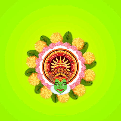 a happy onam greeting card with flowers and a green face