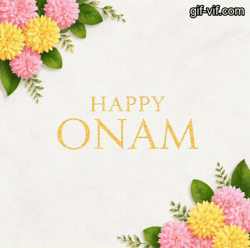 a happy onam greeting card with flowers and leaves