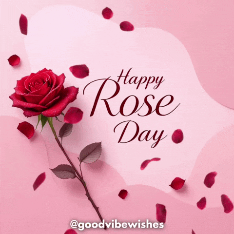 A Happy Rose Day Card With A Red Rose And Petals GIF