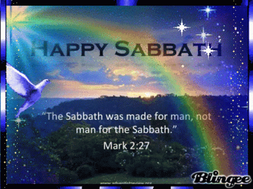 A Happy Sabbath Card With A Rainbow And A Dove GIF