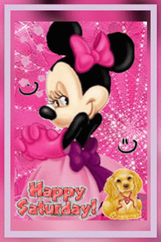 A Happy Saturday Greeting Card With Minnie Mouse And A Dog GIF