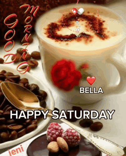 A Happy Saturday Greeting With A Cup Of Coffee And A Rose GIF