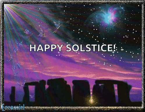 A Happy Solstice Greeting Card With A Purple Sky GIF