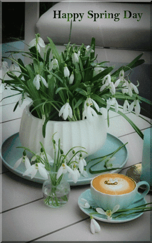 a happy spring day greeting card with flowers and coffee
