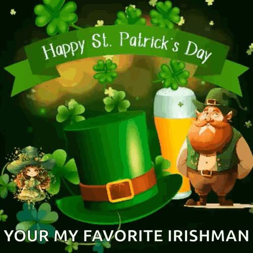 A Happy St. Patrick 'S Day Greeting Card With A Leprechaun And A Green Hat GIF