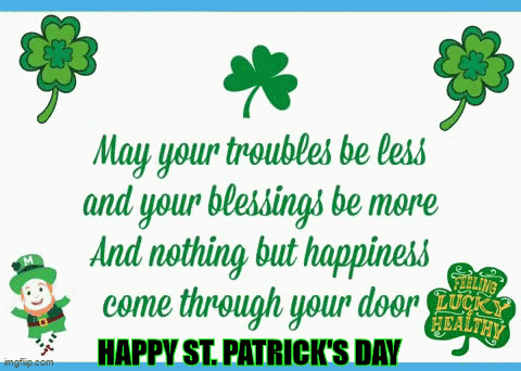 A Happy St. Patrick 'S Day Greeting Card With A Leprechaun And Clovers GIF