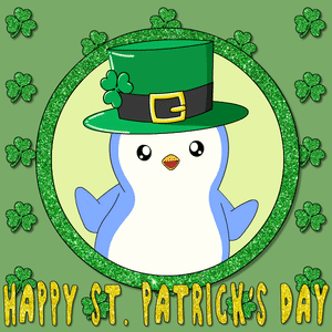A Happy St. Patrick 'S Day Greeting Card With A Penguin In A Leprechaun Hat GIF