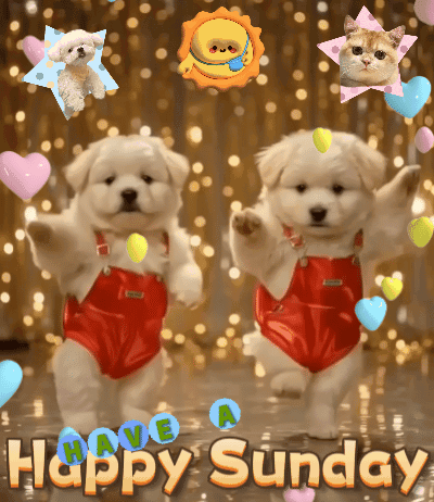 A Happy Sunday Greeting Card With Two Dogs And A Cat GIF