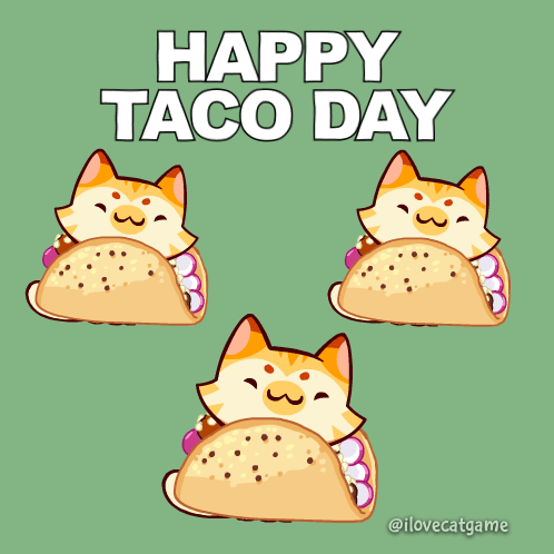 A Happy Taco Day Greeting Card With Three Cats Eating Tacos GIF