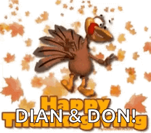 A Happy Thanksgiving Card With A Cartoon Turkey And Leaves GIF