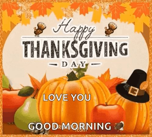 A Happy Thanksgiving Day Greeting Card With Pumpkins , Apples , Turkeys And A Pilgrim Hat . GIF