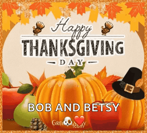 A Happy Thanksgiving Greeting Card With Pumpkins And Leaves GIF