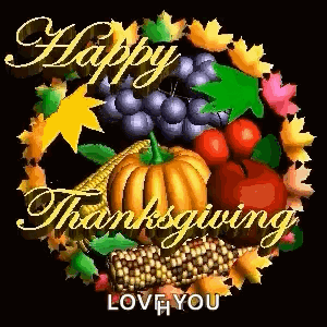 A Happy Thanksgiving Greeting Card With Pumpkins , Apples , Grapes , Corn , And Leaves . GIF