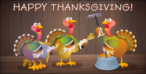 A Happy Thanksgiving Greeting Card With Turkeys Playing Music GIF