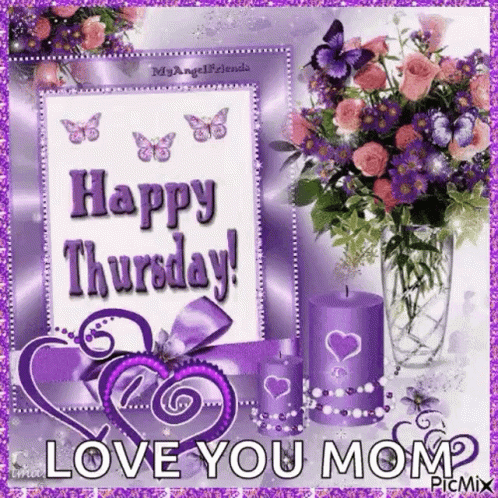 A Happy Thursday Card With Purple Flowers And Candles . GIF