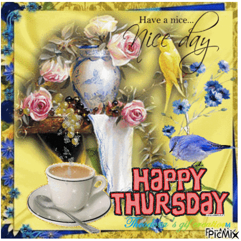 A Happy Thursday Greeting Card With A Cup Of Coffee GIF