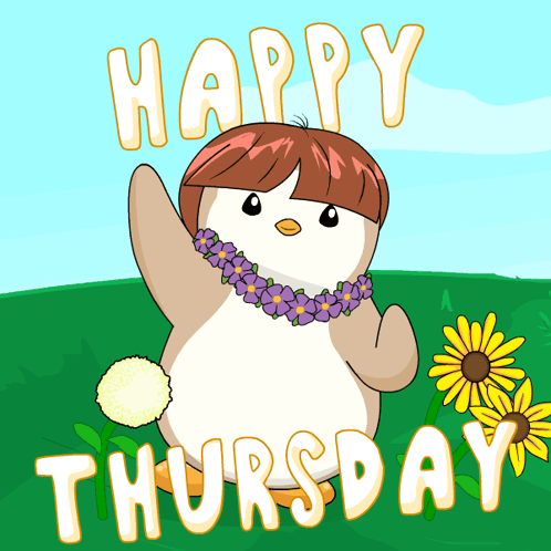 A Happy Thursday Greeting Card With A Penguin Wearing A Lei Of Flowers GIF