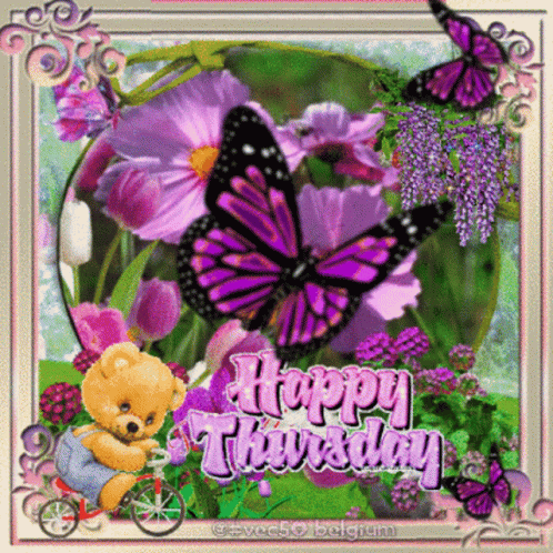 A Happy Thursday Greeting Card With A Teddy Bear Riding A Bike GIF