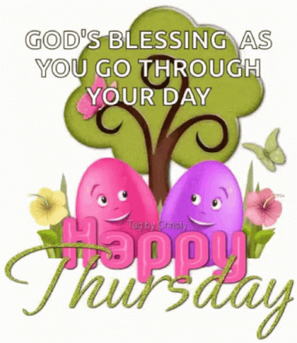 A Happy Thursday Greeting Card With Two Easter Eggs And A Tree . GIF