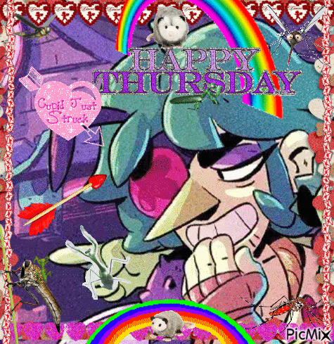 A Happy Thursday Greeting With A Cartoon Character And A Rainbow GIF