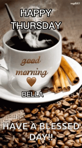 A Happy Thursday Message With A Cup Of Coffee And Coffee Beans GIF