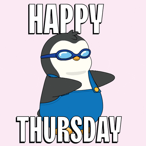 A Happy Thursday Message With A Penguin Wearing Overalls GIF
