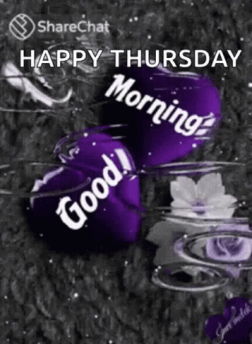 A Happy Thursday Morning Greeting Card With Purple Hearts And Flowers GIF
