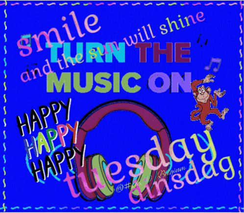 A Happy Tuesday Greeting With A Monkey And Headphones On A Blue Background GIF