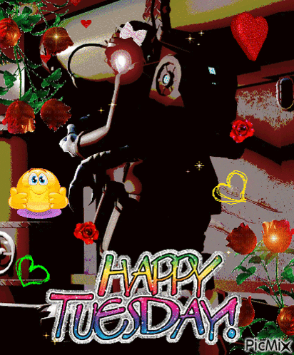 A Happy Tuesday Greeting With A Smiley Face And Flowers GIF